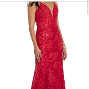 Red lace prom dress with train